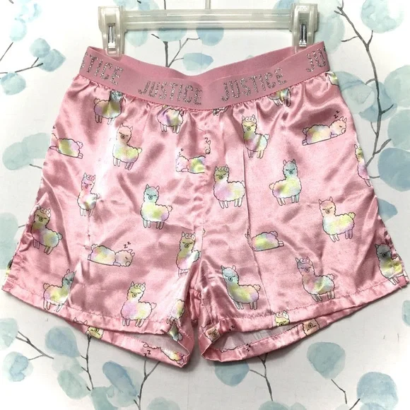 Justice Kids Pink Satin Shorts Rainbow Blue Yellow Sleeping Llama Pajama Bottoms - Picture 3 of 6